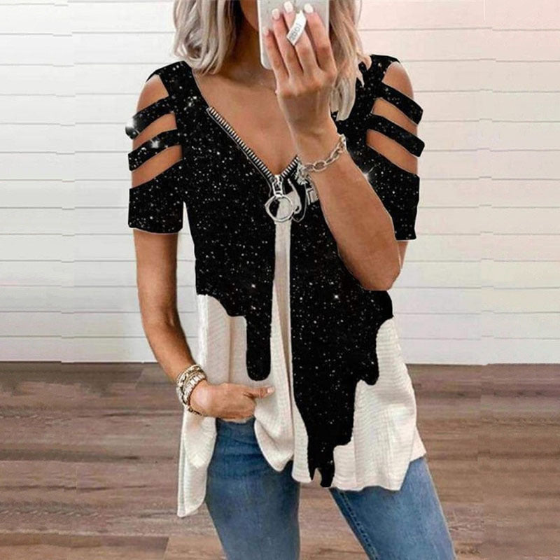 Women's Collar Leisure Zipper Pullover Print Short Sleeve Loose T-shirt Top