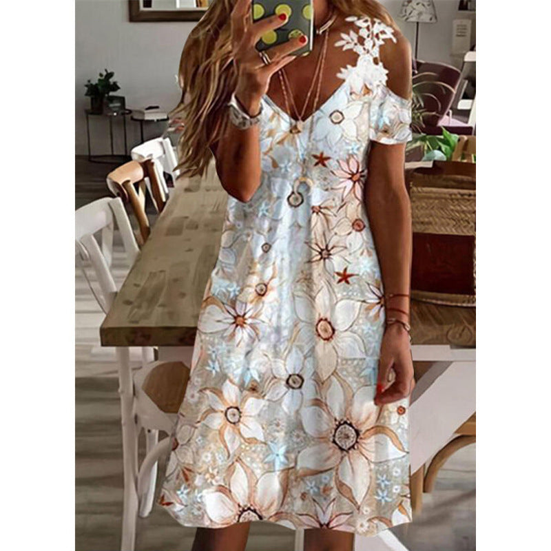 Summer Temperament Commute Women's Printed Off-shoulder Short Sleeve Lace Dress