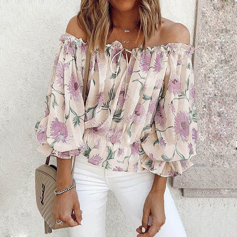 Sexy Off-shoulder Chiffon Blouse Street Women's Loose Printed Long-sleeved T-shirt Top