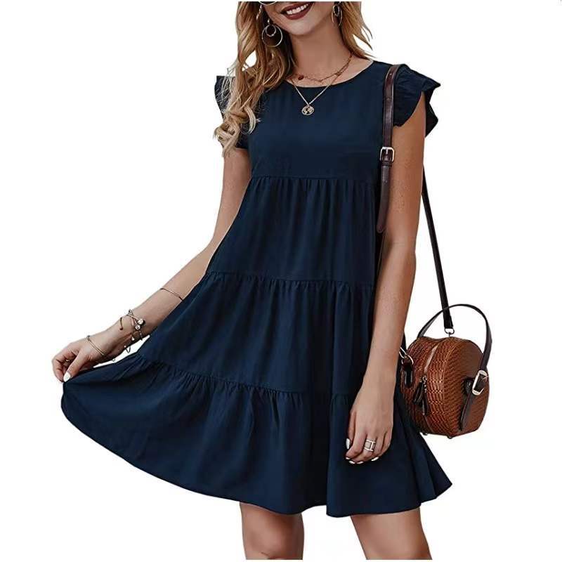 Summer Solid Color Round Temperament Commute Neck Short Sleeves Casual Cake Pleated Large Swing Dress