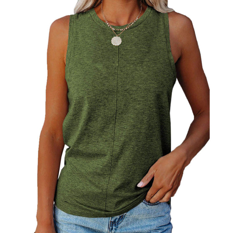 Summer Women's Stylish Casual Style Loose Round Neck Solid Color Sleeveless Vest T-shirt