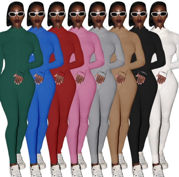 Polyester Leisure Women's Turtleneck Embroidered Slim Fit Fitness Jumpsuit