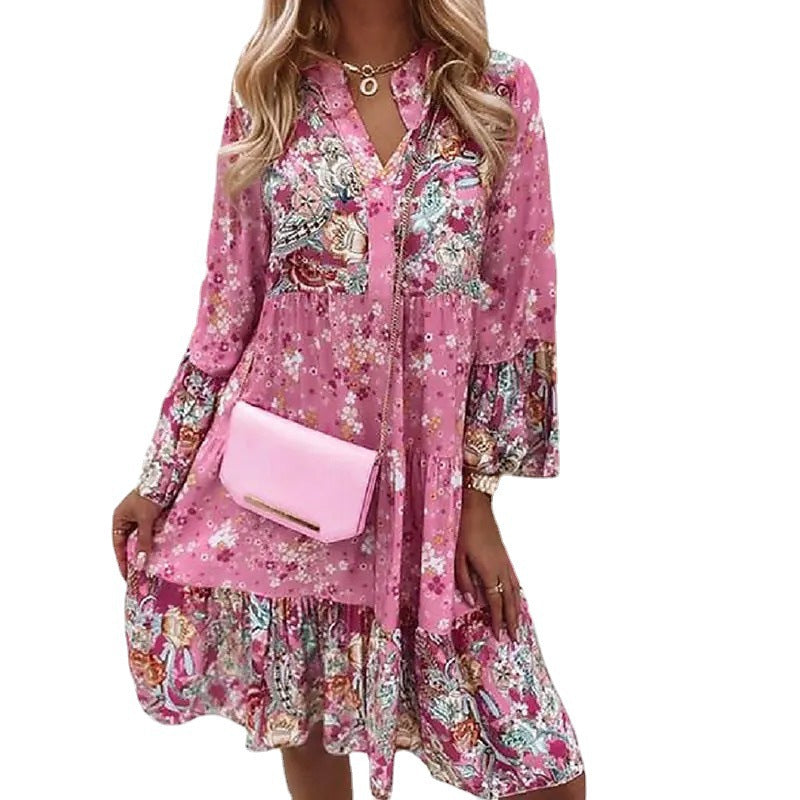 Women's Floral Splicing High Waist Skirt Layered Mini Dress