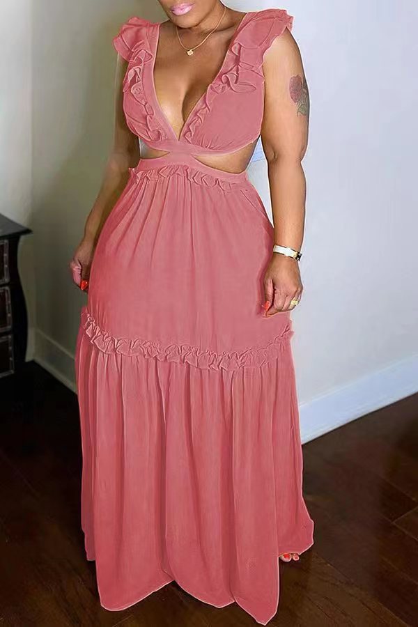 Women's Ruffle Long Skirt V-neck Solid Color Dress