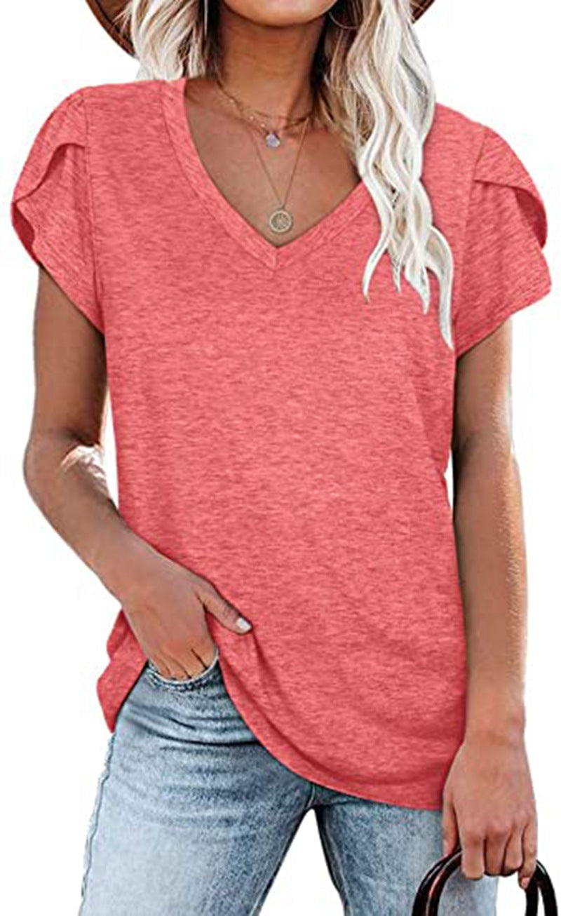 Solid Color V-neck Leisure Short Sleeve Top Women's T-shirt