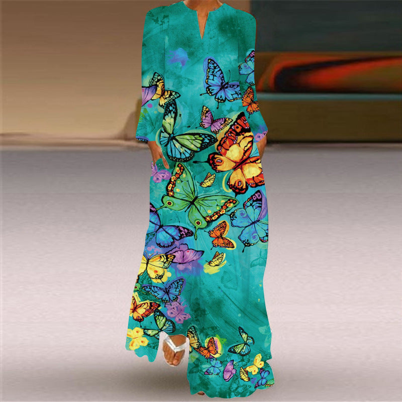 Women's Long V-neck Printing Sleeve Pocket Printed Loose Dress