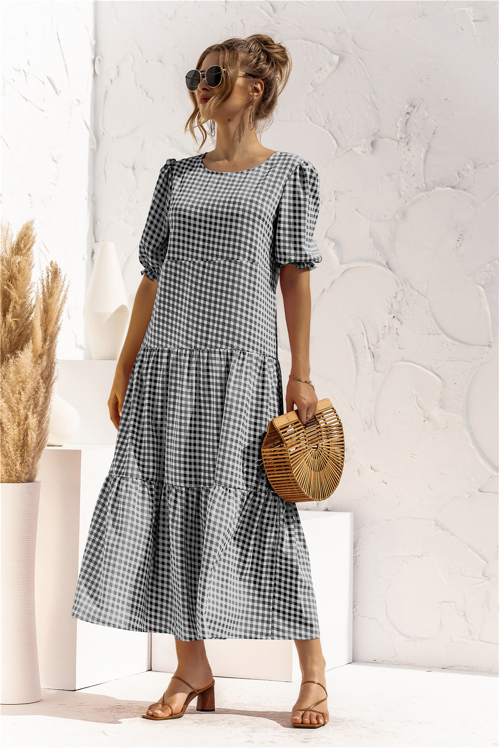 Puff Sleeve Dot Plaid Urban Style Loose Stitching Long Dress