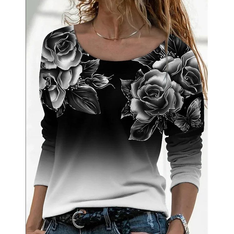 Women's Long Digital Printing Sleeve Loose Neck Casual Pullover Print T-shirt