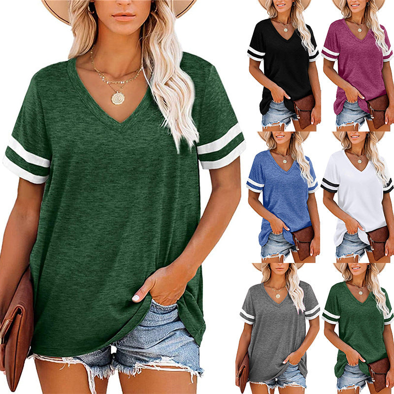 Women's Summer V-neck Short Sleeve Color Leisure T-shirt Loose Casual Top