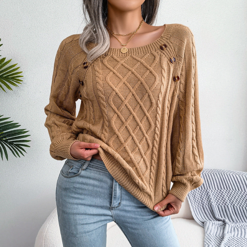 Rhombus Casual Square Collar Twist Knitted Sweater Women's Pullover