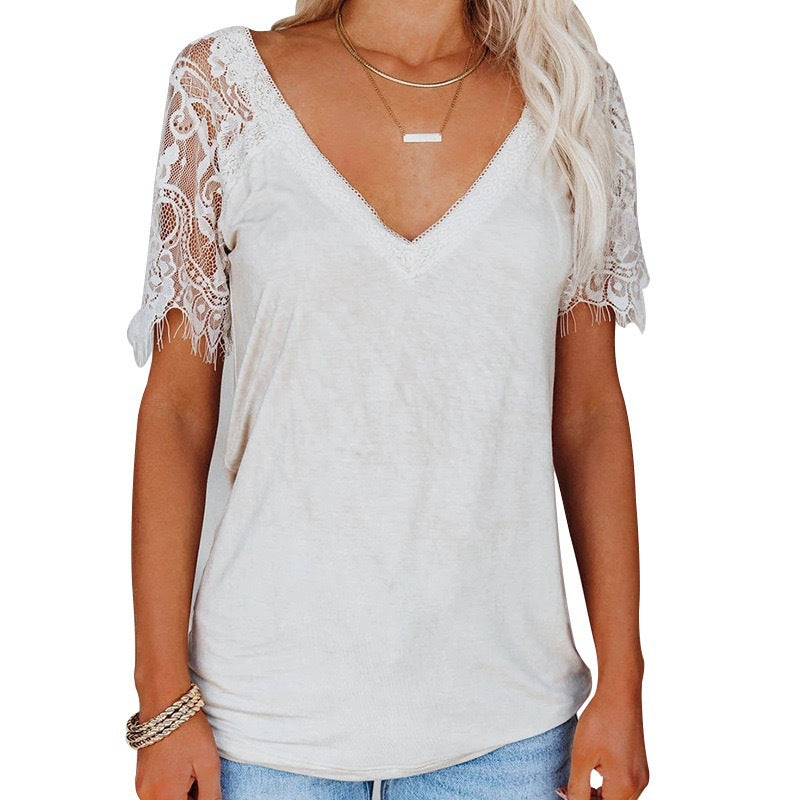 Popular Urban Style Short Sleeve V-neck Feather Lace Women's Top