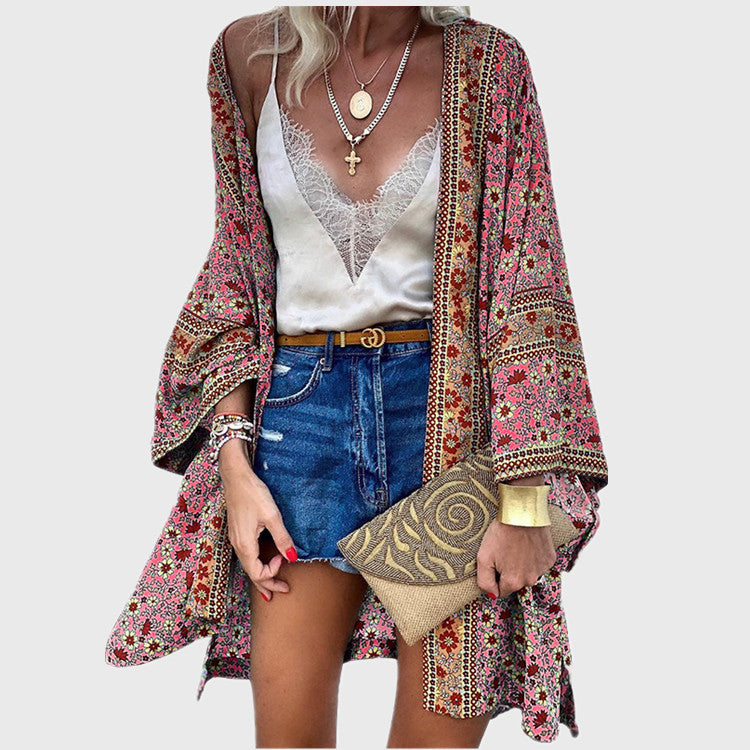 Women's Early Autumn Street Hipster Thin Loose Bohemian Long-sleeved Printed Mid-length Cardigan