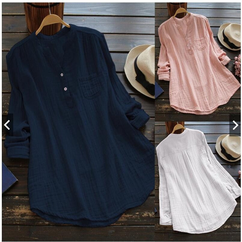 Women's Plus Stripes Size Cotton Linen Long Sleeve Loose Casual Shirt