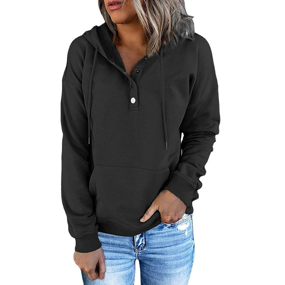 Women's Long Solid Color Sleeve Loose Casual Hooded Drawstring Pocket Sweatshirt