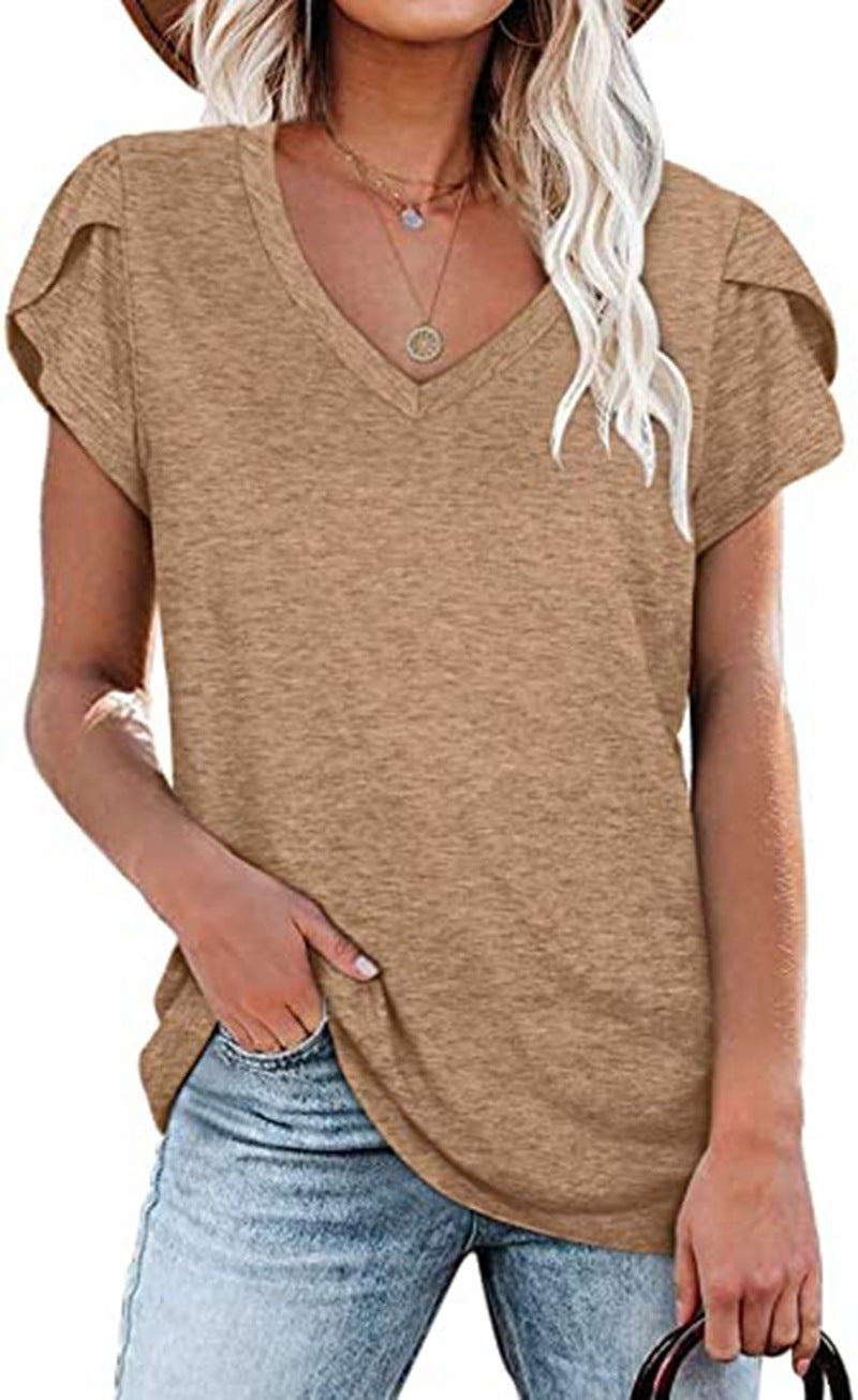 Solid Color V-neck Leisure Short Sleeve Top Women's T-shirt