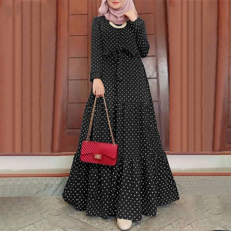 Creative Winter Casual Long Skirt Elegant Women's Dot Round Neck Swing Dress