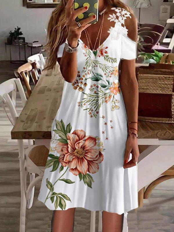 Summer Temperament Commute Women's Printed Off-shoulder Short Sleeve Lace Dress