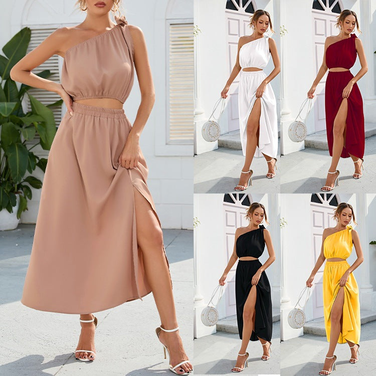 Women's Fashion High Waist Shoulder Bow Suit Skirt Dress Two-piece Set