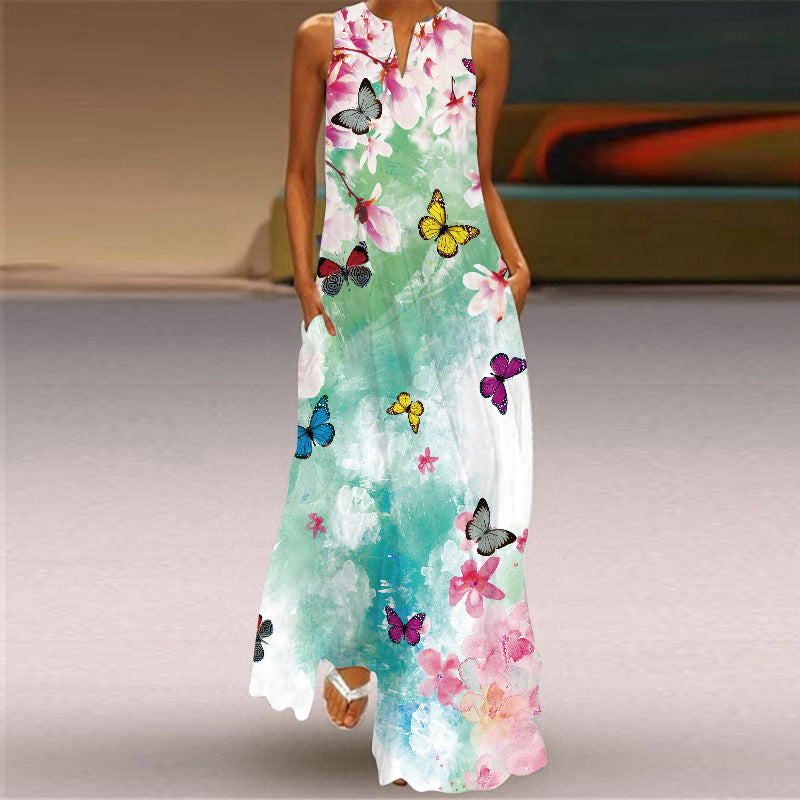 Women's Retro Printed Digital Printing Long Collar Sleeveless Pocket Summer Sexy Dress