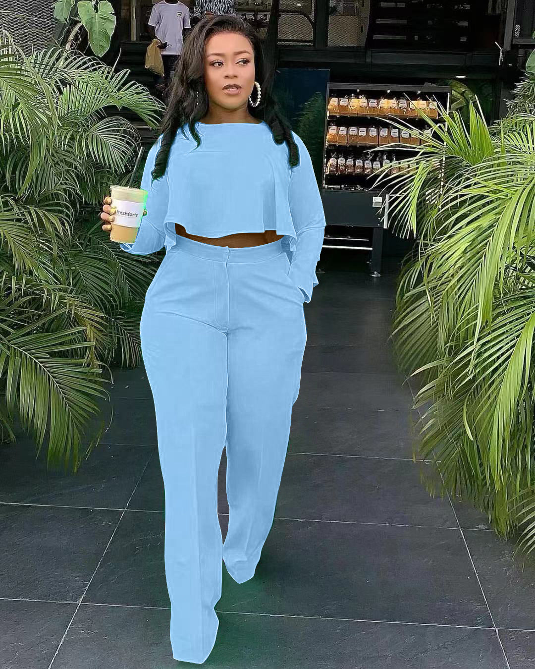 Short Back Long Fashion Pleated Blouse And Pants Solid Color Wide Leg Two-piece Set