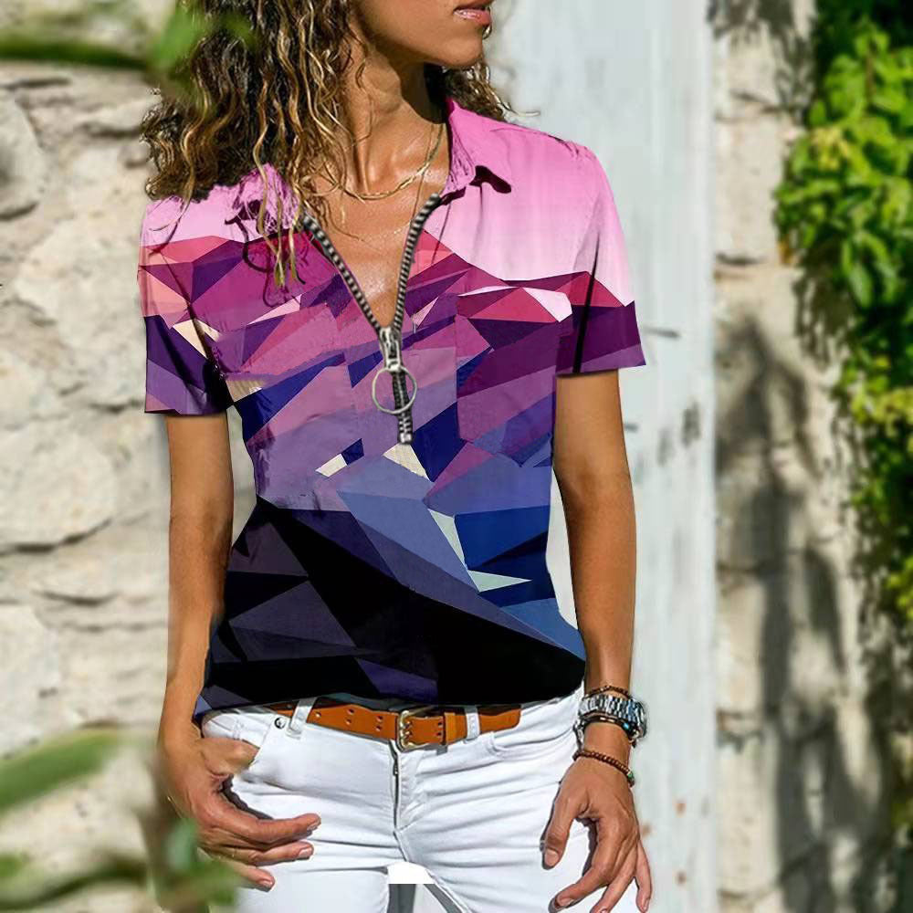Bohemian Zipper T-shirt Polyester Fiber Short Sleeves Women's Top