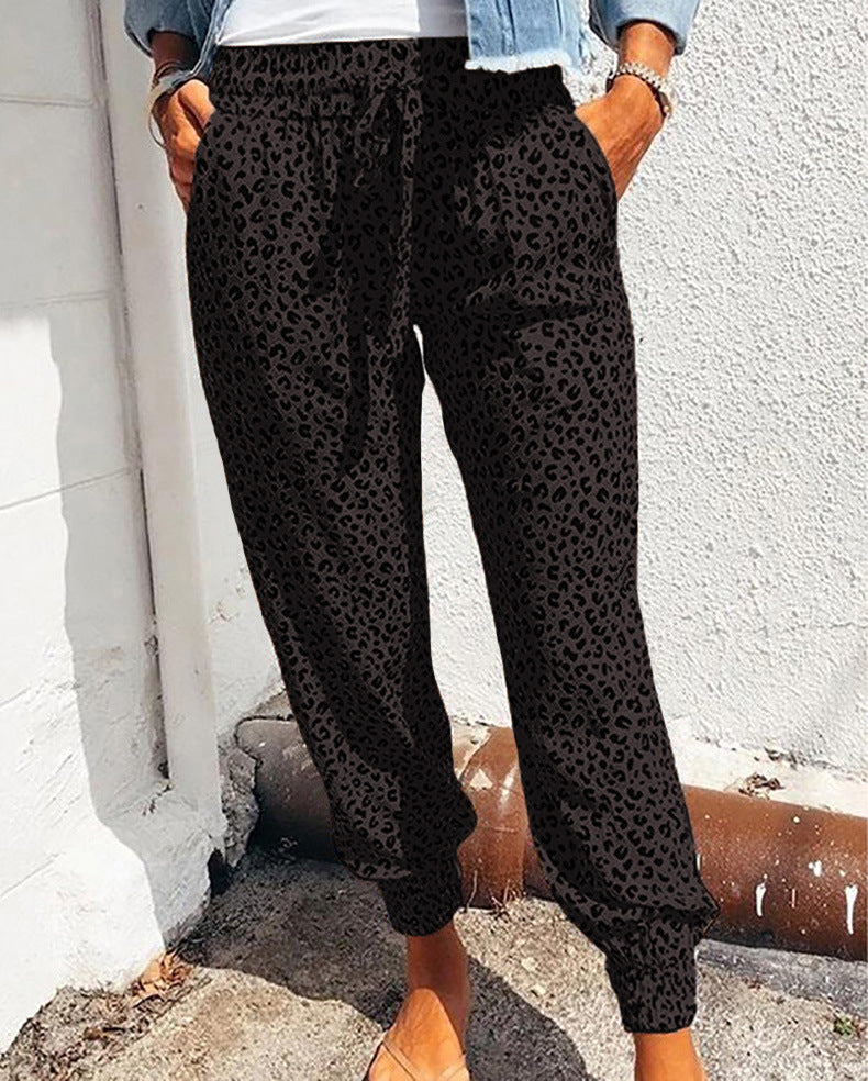Summer Women's Trousers Loose Leopard Printing Print Printed Drawstring Casual Pants