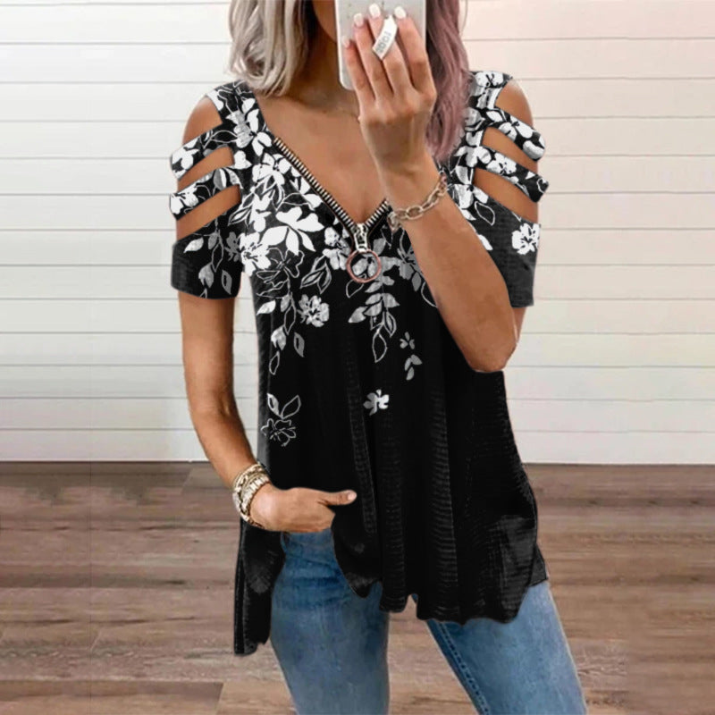 Women's Collar Leisure Zipper Pullover Print Short Sleeve Loose T-shirt Top