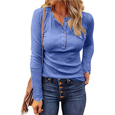 Round Neck Stitching Lace Pullover Sleeve Loose-fitting Solid Color Long T-shirt