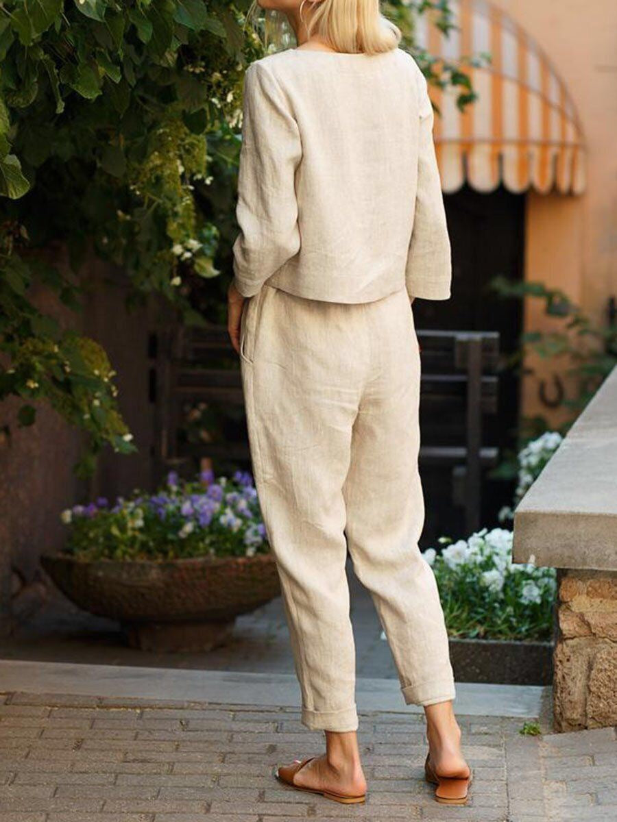 Linen Women's Fashion Solid Color Casual Pocket Two-piece Simple Retro Elastic Suit