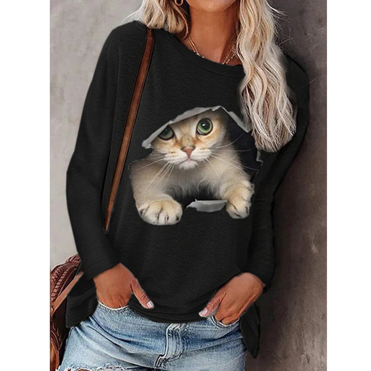 Trendy Round Neck Digital Printing Pullover Cat Long Sleeve Women's T-shirt