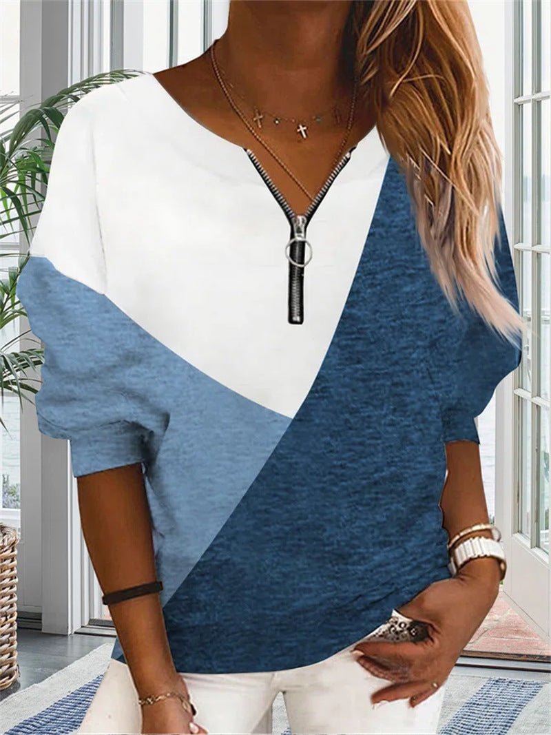 Loose Multicolor Geometric Pattern Long-sleeve Zipper V-neck Sweatshirt