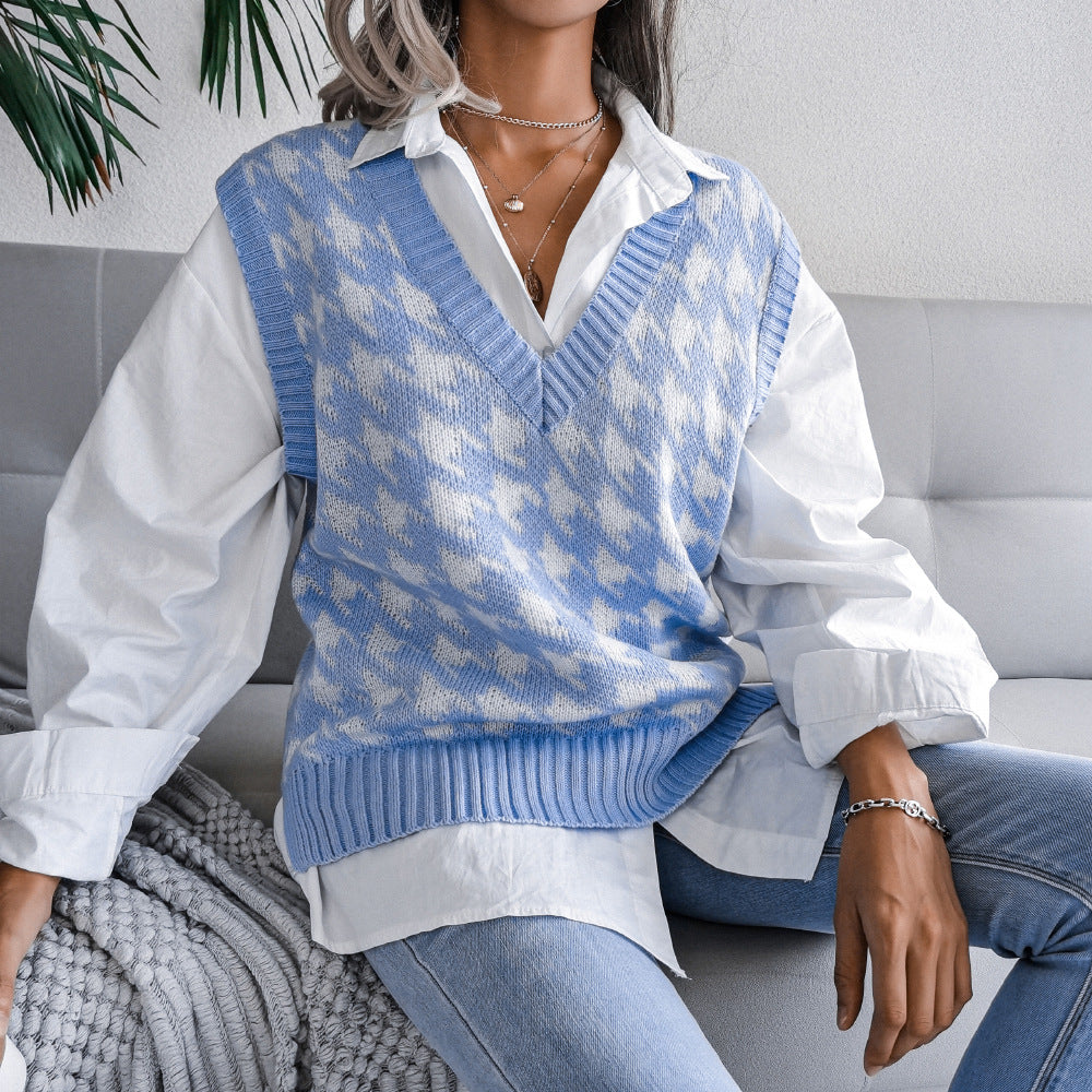 V-neck Casual Loose Houndstooth Knit Sweater Women's Vest