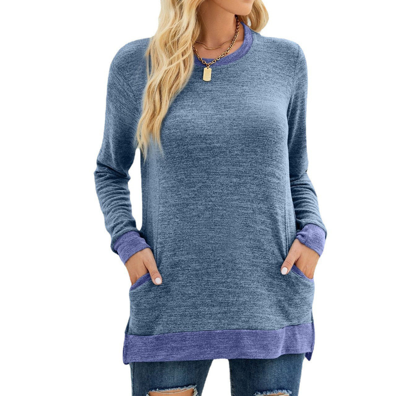 Women's Round Neck Multicolor Pocket Long Temperament Commute Sleeve Top Loose-fitting Pullover