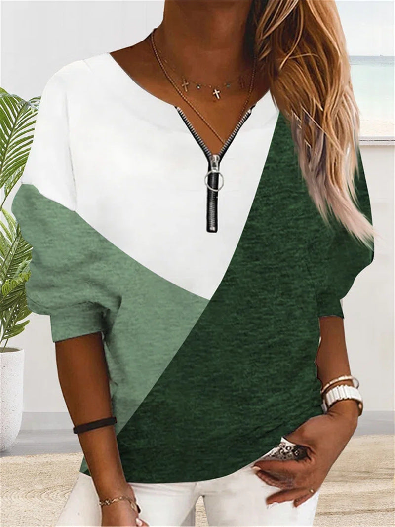 Loose Multicolor Geometric Pattern Long-sleeve Zipper V-neck Sweatshirt