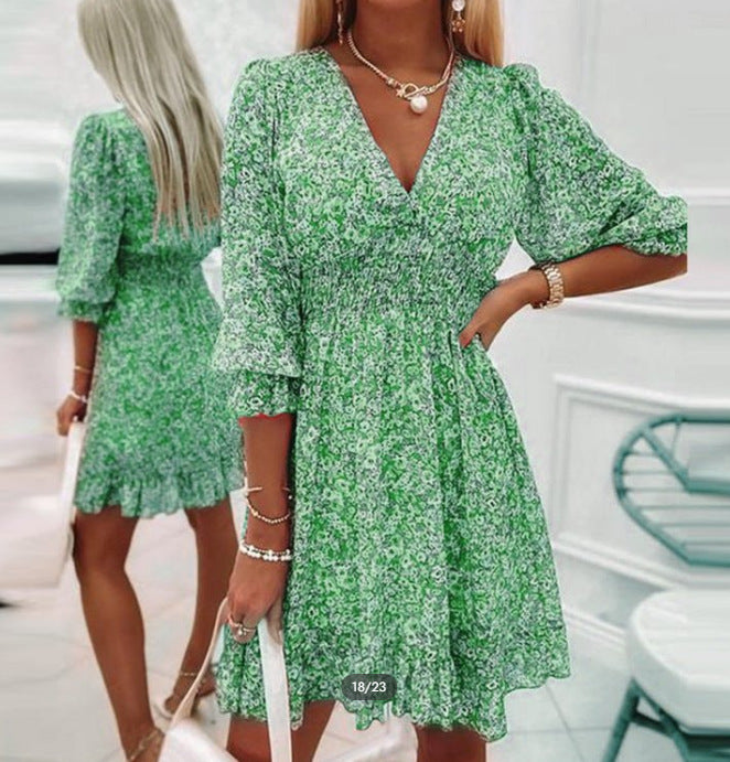 Mid-length Temperament Commute Pullover Print Short Sleeve Puff Mid-waist Floral Dress