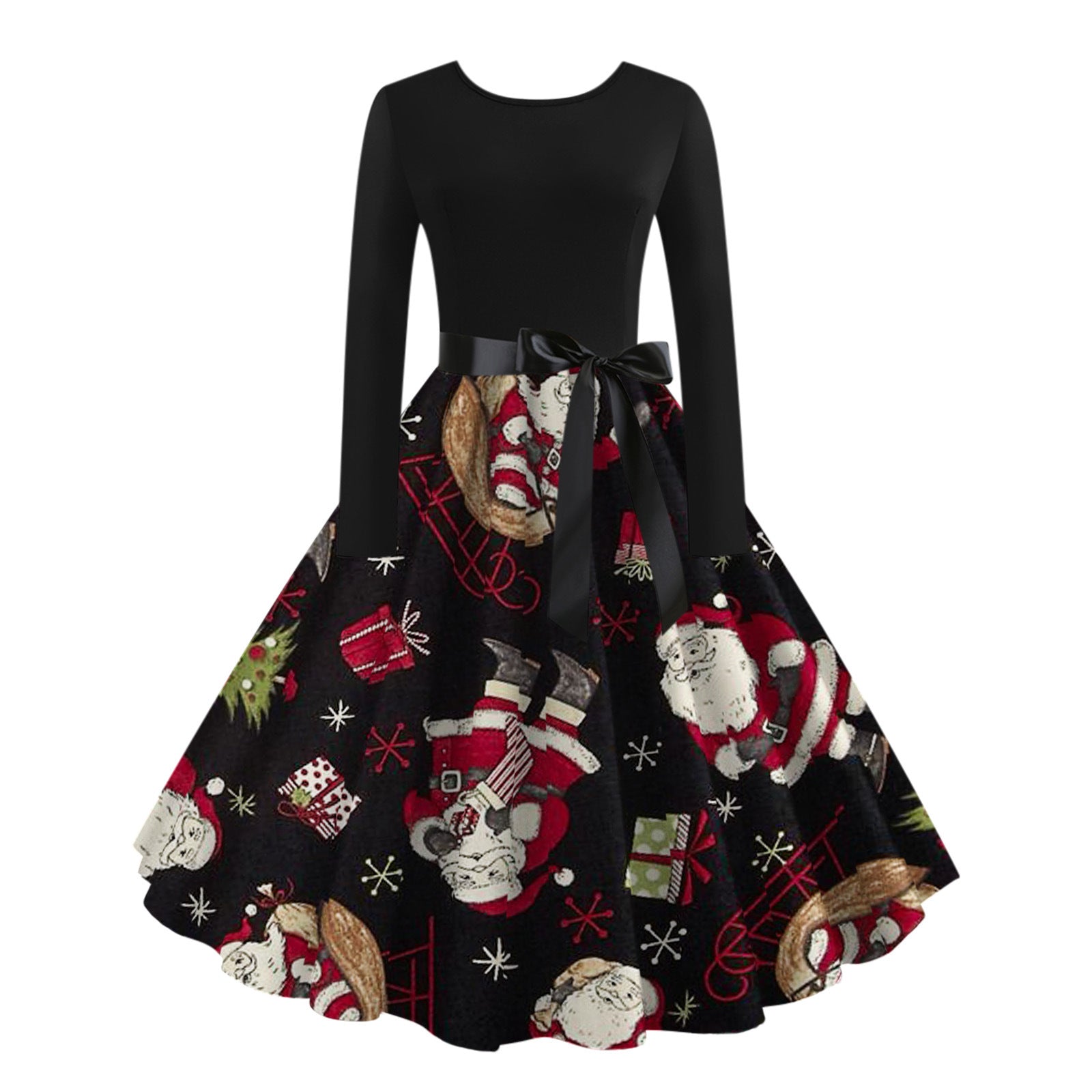 Digital Printing Autumn Retro Christmas Festival Printed Round Neck Long Sleeve Big Hem Dress