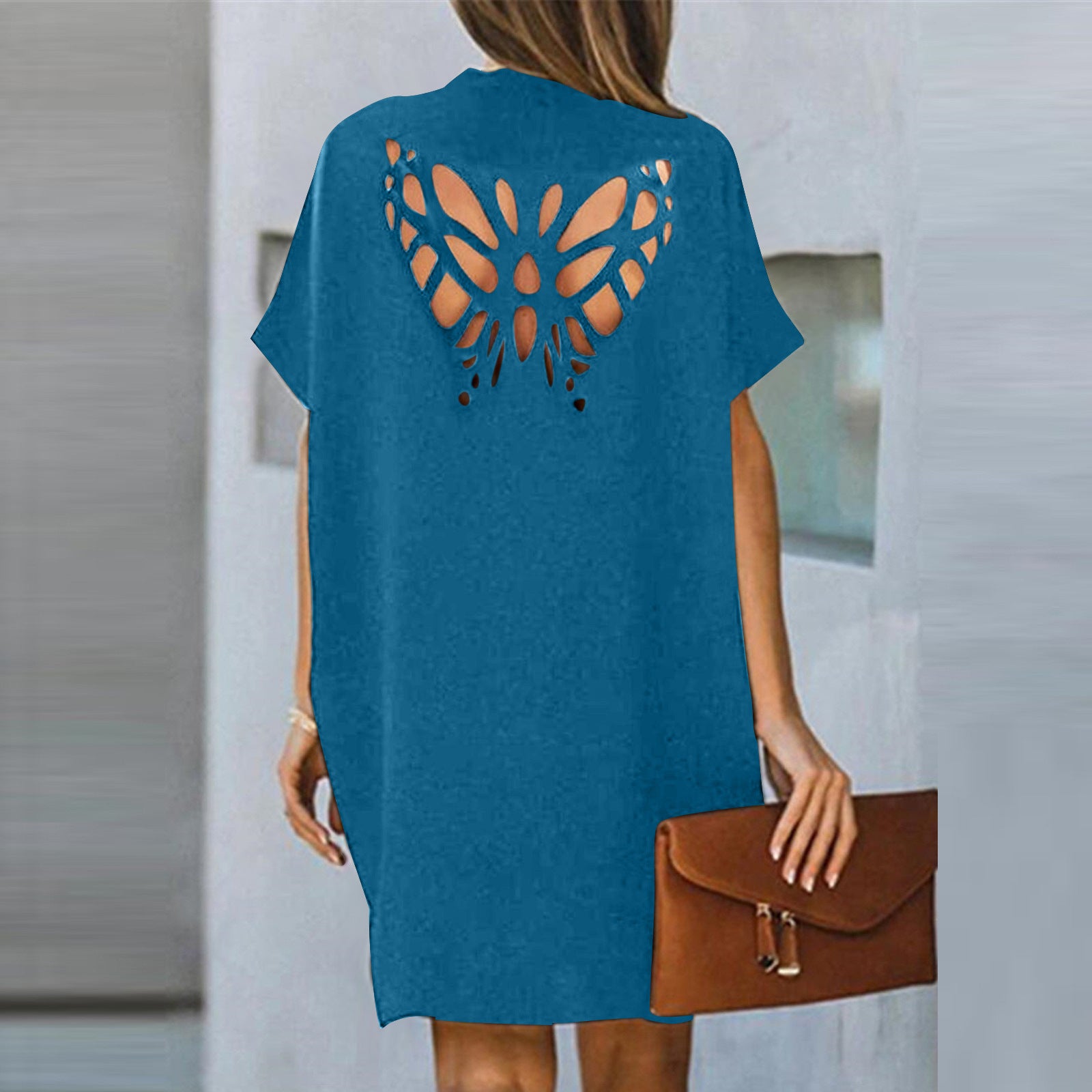 Women's Regular Sleeve Summer Loose Butterfly Hollow-out Solid Color Dress