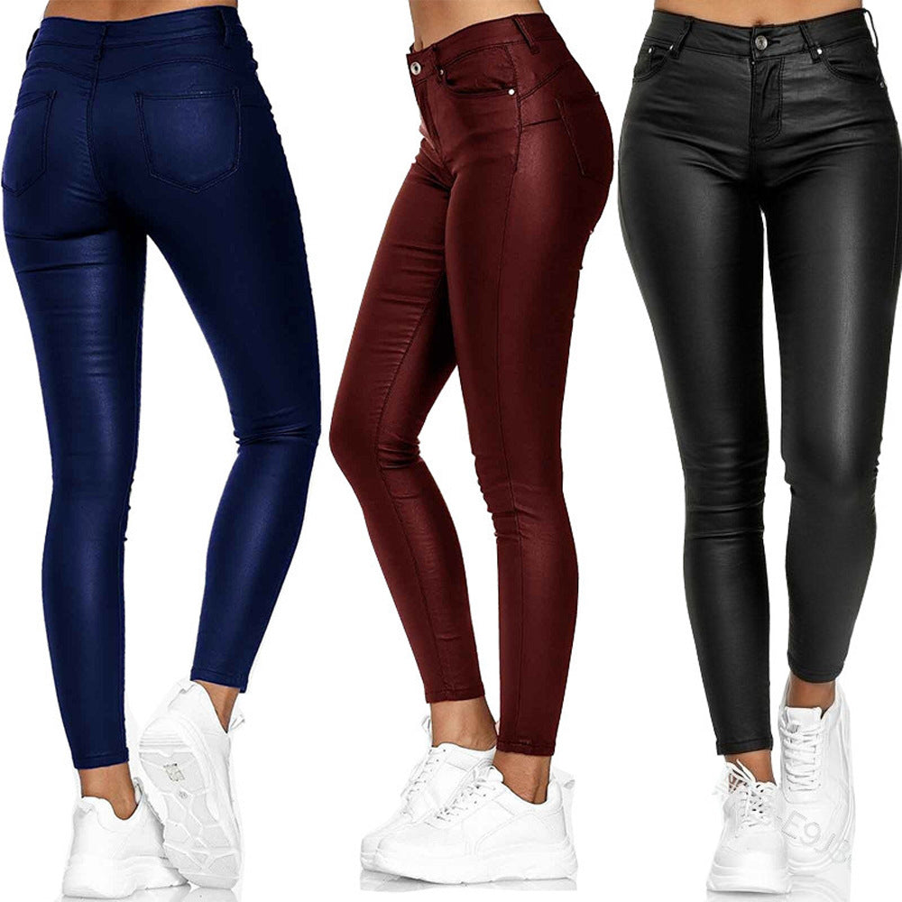 Temperament Commute High Waist Pure Color Leather Casual Skinny Trousers Women's Pants