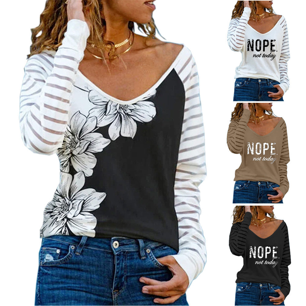 Plus Size Women's Printed Raglan Sleeves Flowers Letter Long Sleeve Loose T-shirt