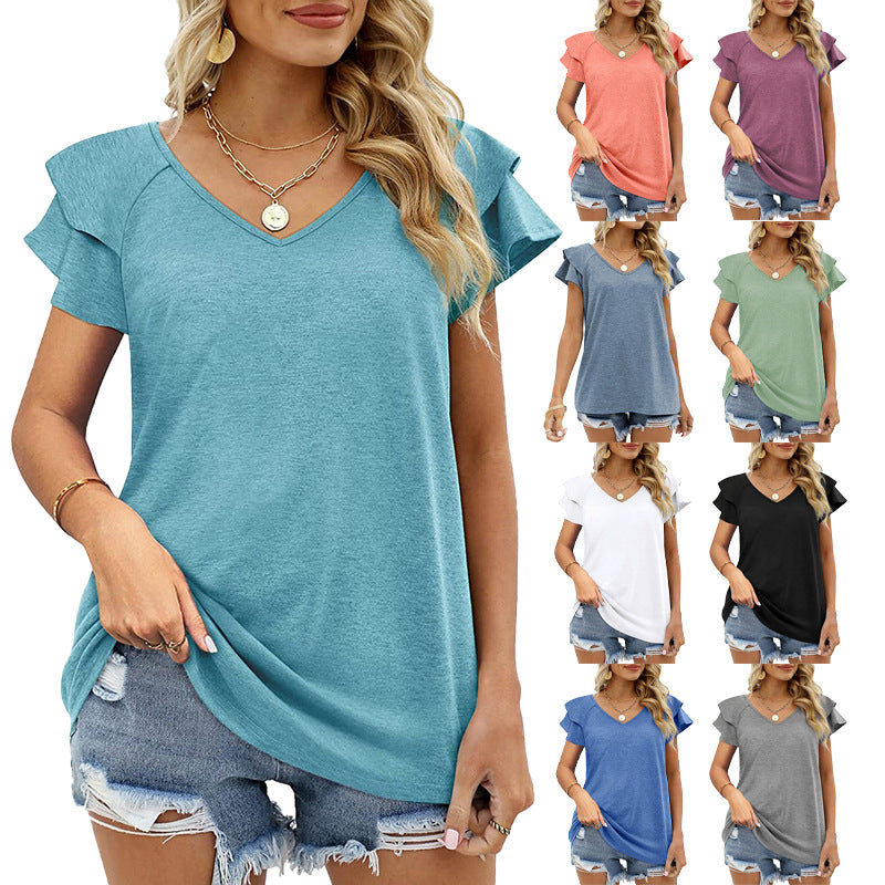 Women's Summer Solid Color V-neck Double-layer Ruffled Urban Leisure Sleeve Loose Top T-shirt