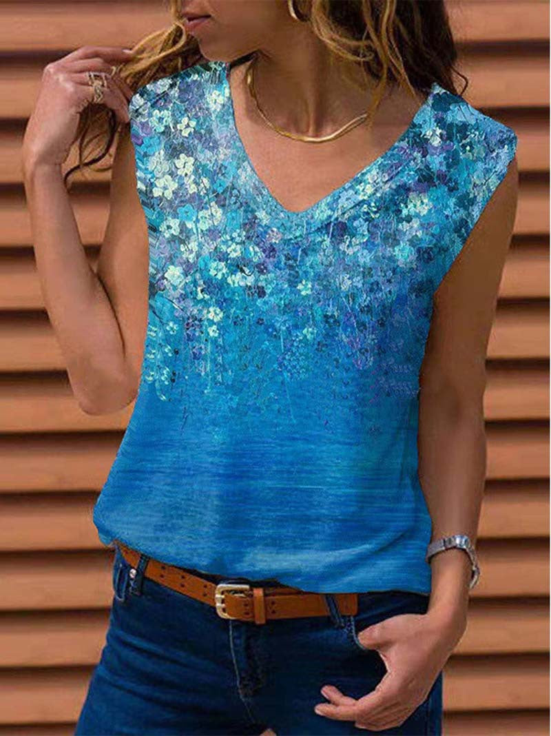 Women Loose Sleeveless V-neck Printed Vest T-shirt