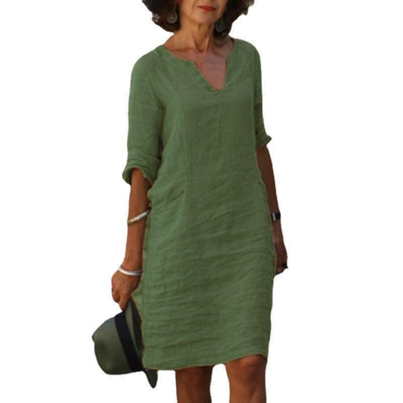 Autumn Cotton Linen Small V-neck Stitching Retro Basic Model Solid Color Three-quarter Sleeve Dress