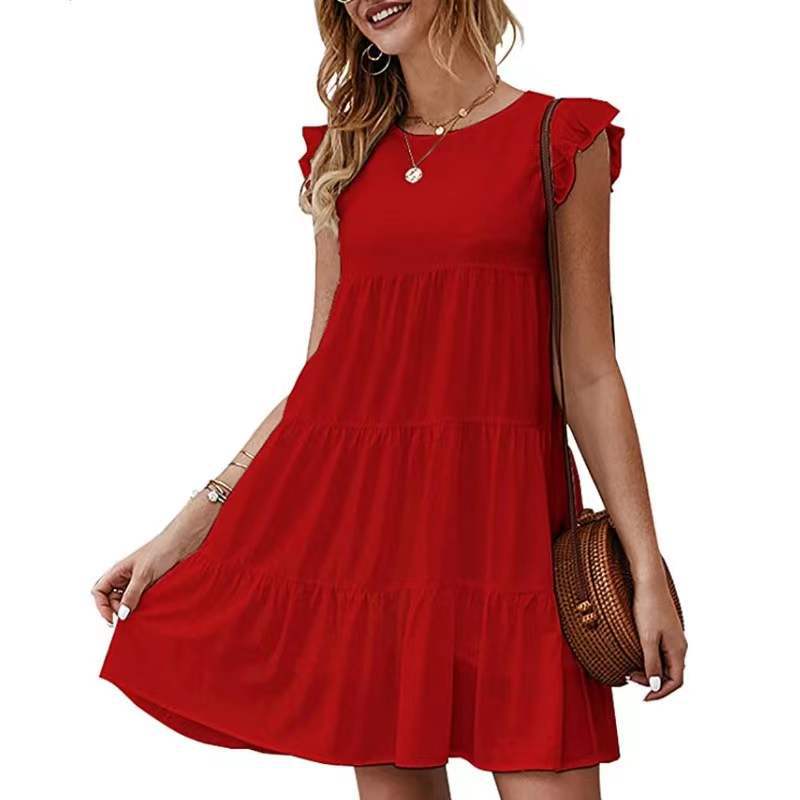 Summer Solid Color Round Temperament Commute Neck Short Sleeves Casual Cake Pleated Large Swing Dress