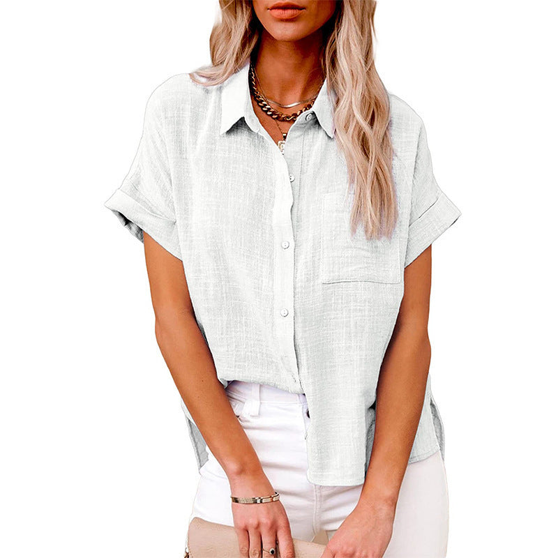 Cotton Conventional Linen Pocket Short Sleeve Women's Top