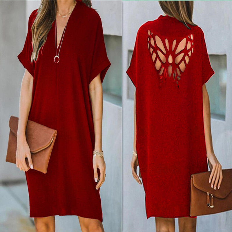 Women's Regular Sleeve Summer Loose Butterfly Hollow-out Solid Color Dress