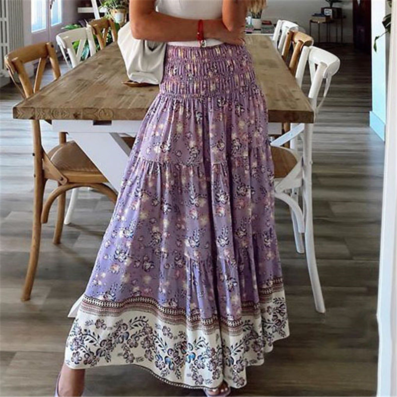 Women's Printed Polyester Fiber Casual High Waist Long Skirt