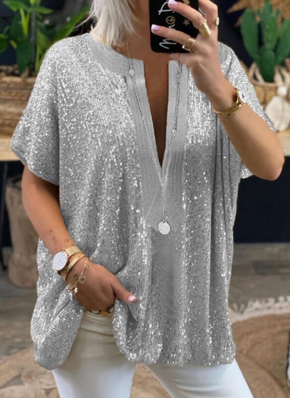 Street Hipster Loose Sequins V-neck Short Sleeve Casual Shirt