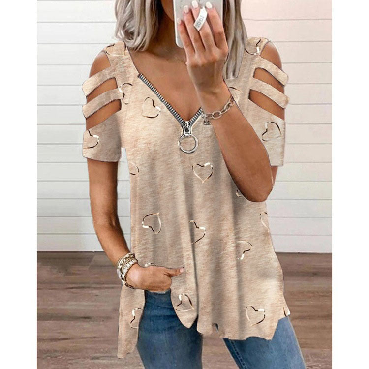 Pullover Women's Collar Zipper Print Short Sleeve Loose-fitting Casual T-shirt Top