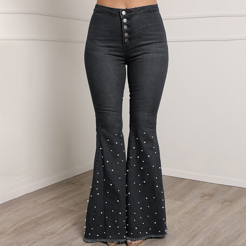 Stretch Cowboy Jeans Casual Beaded Bell-bottom Pants