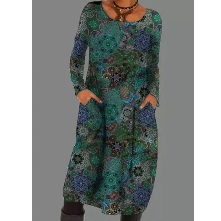 Popular Polyester Fiber Women's Print Dress Long Pullover